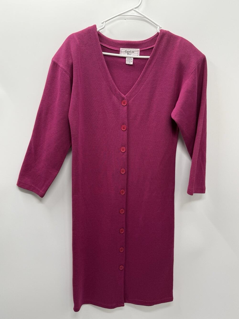 Carolina Bay Womens M Pink Button Front Ribbed Knit Dress 3/4 Sleeve Vintage